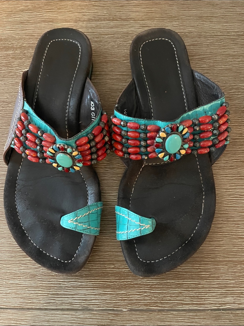 Donald J. Pliner Turquoise & Red Beaded Slide Sandals